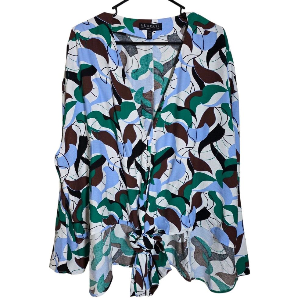 Eloquii Tie Button Up Blouse Women's Size 22 High Low Deep V-Neck Artsy Office